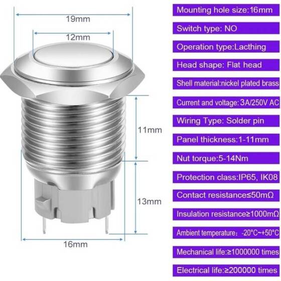 Flat Head 16mm 3-6V 5A Waterproof Self-Locking Metal Push Button Switch With White Led Light - 3