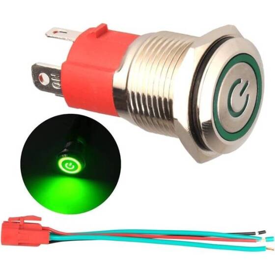 Flat Head 19mm 12-24V Waterproof Self-Locking Metal Push Button Switch With Green Led Light - 2