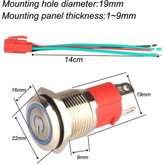 Flat Head 19mm 12-24V Waterproof Self-Locking Metal Push Button Switch With Green Led Light - 3