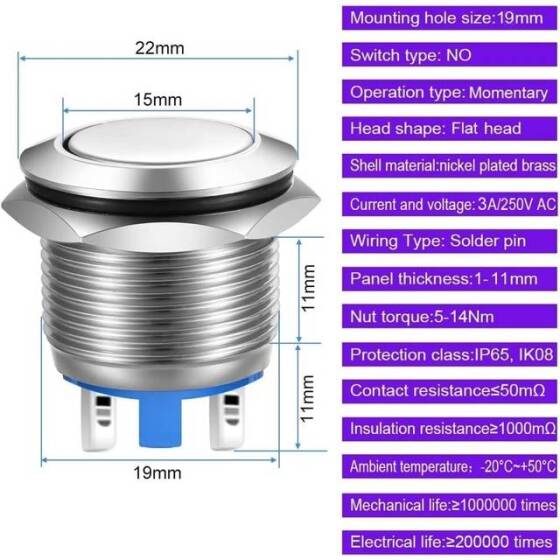 Flat Head 19mm 12-24V Waterproof Momentary Self-Reset Metal Push Button Switch With Red Led Light And Switch Socket Button Connector - 3