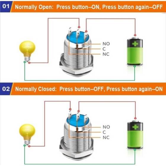 Flat Head 22mm 110-220V Waterproof Momentary Self-Resert Metal Push Button Switch With Red Led Light And Switch Socket Button Connector - 3
