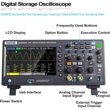Hantek DSO2D10 100Mhz 2CH Signal Generation Oscilloscope With Signal Source UK Plug - 4