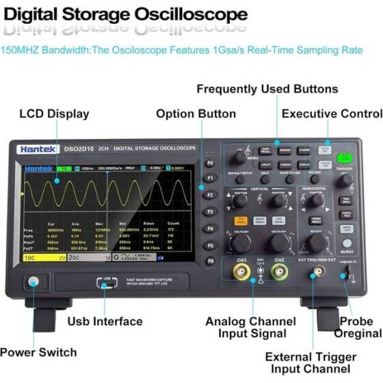 Hantek DSO2D10 100Mhz 2CH Signal Generation Oscilloscope With Signal Source UK Plug - 4