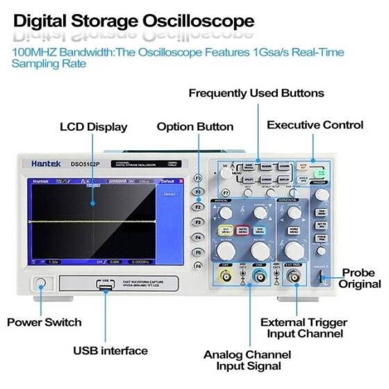Hantek MSO5102D Mixed Signal Oscilloscope 100MHz 1GSa/s EU Plug - 4