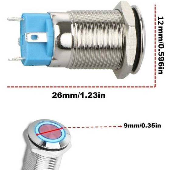 High Head 12mm 12-24V Waterproof Momentary Self-Reset Metal Push Button Switch With Blue Led Light And Switch Socket Button Connector - 3