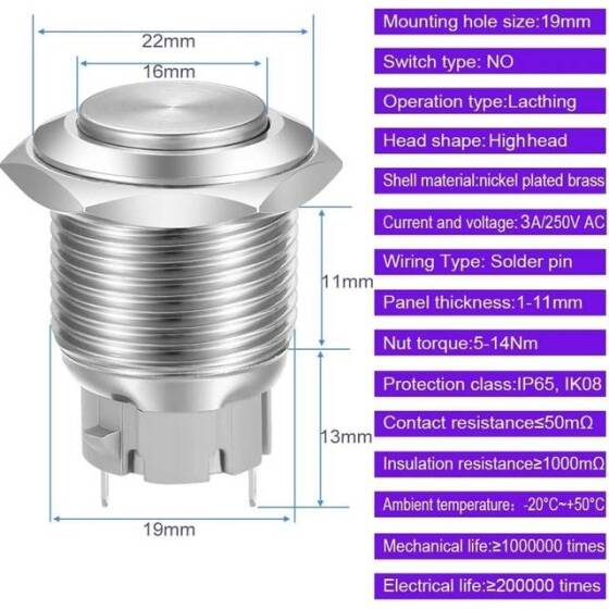 High Head 19mm Waterproof Self-Locking Metal Push Button Switch Without Light - 3