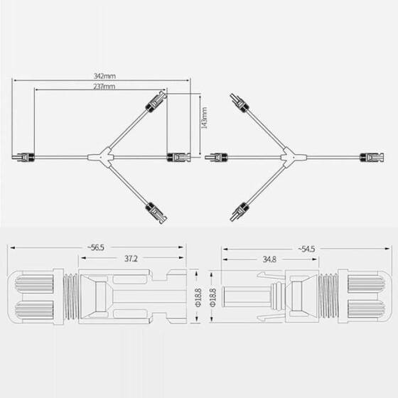 IP67 MC4-Y4 Solar Panels Cable Socket Plug Connector - 1 Pair 3 Branch Y Type - 4