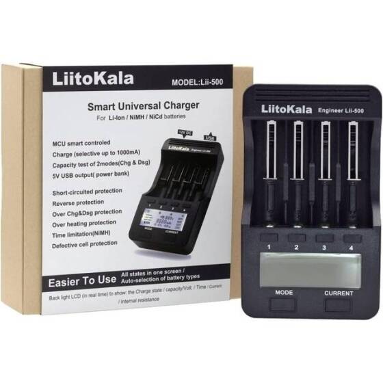 LiitoKala Lii-500 Multifunction Charger 18650/18650/26650 Usb 5V Output Large LCD Display Full Set EU Plug - 1