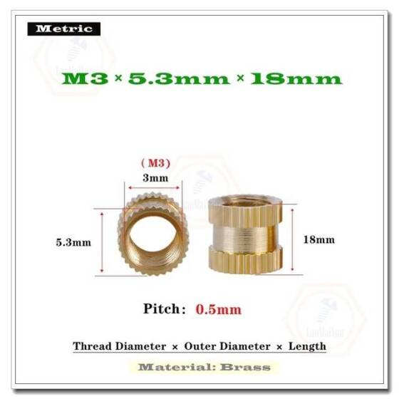 M3 18x5.3mm Brass KnurLed Injection Molding Nut OD=5.3mm - 2