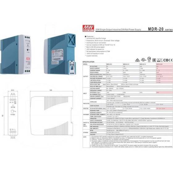 Original Taiwan MEAN WELL MDR-20-24 Rail Power Supply - 5