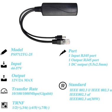 SDAPO PS5712TG DC5.5x2.1mm Gigabit PoE Splitter 48V To 12V 2A - 4