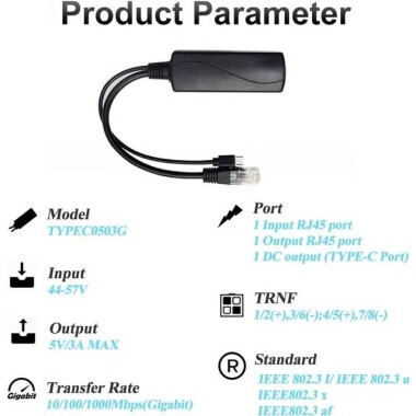 SDAPO TYPEC0503G Type C Gigabit PoE Splitter 48V To 5V 3A - 4
