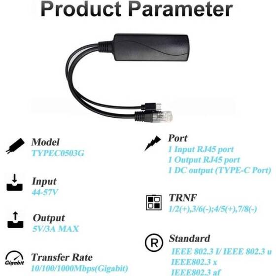 SDAPO TYPEC0503G Type C Gigabit PoE Splitter 48V To 5V 3A - 4