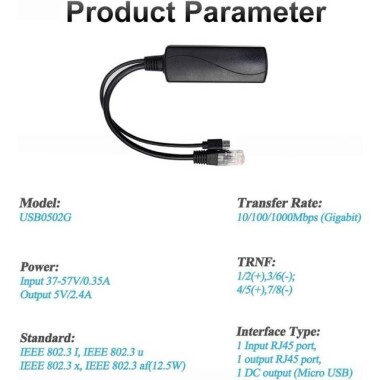 SDAPO USB0502 Mirco USB 100M PoE Splitter 48V To 5V 2.4A - 4