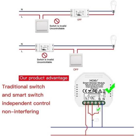 Tuya Wifi Smart Light Led Dimmer Switch Module 1 Channel Double Control QS-Wifi-S05 Zero Fire 220-240V For Alexa Original Packing Size: 45x45x18mm - 2