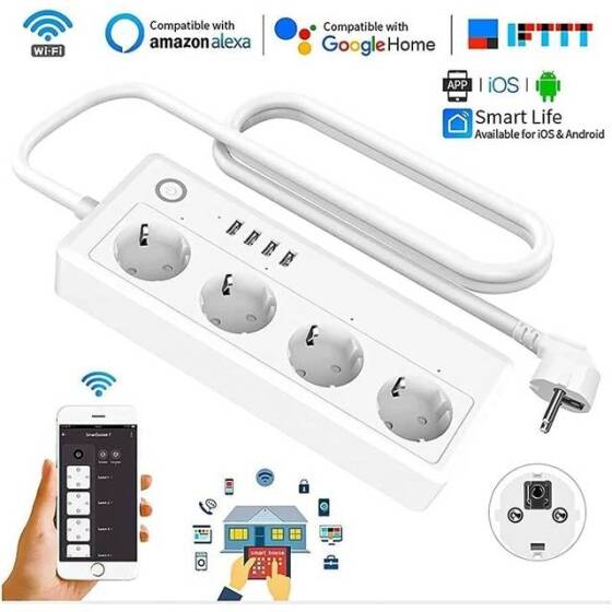 Tuya Wifi Smart Power Strip 4 Usb AC Plug 16A 1.8M For Alexa Google Home EU Plug - 2