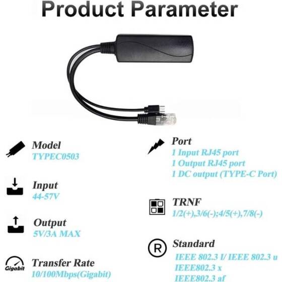 Type C 100M PoE Splitter 48V To 5V 3A - 2