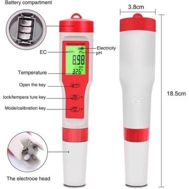 EZ9908 Yeşil Arka Işık 4'ü 1 Arada Çok Fonksiyonlu Su Test Kiti pH/TDS/EC/TEMP Pilli - 3