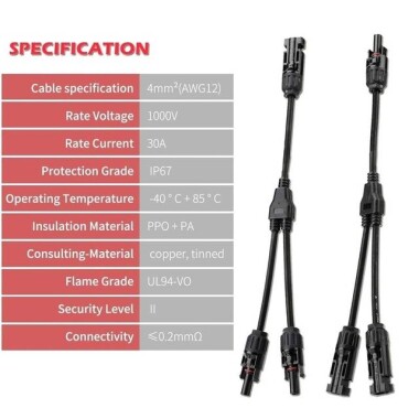 IP67 MC4-Y3 Güneş Paneli Kablo Soketi Fiş Konnektörü - Takım 2 Y Branch - 2