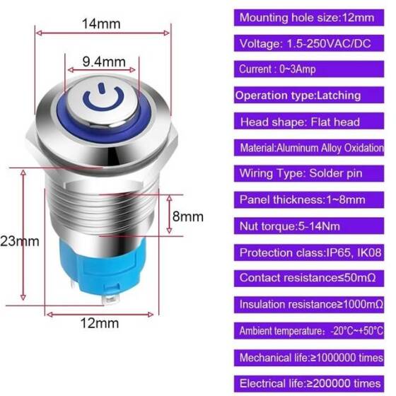 Mavi Ledli Yüksek Kafa 12mm 12-24V Su Geçirmez Kendinden Kilitli Metal Push Buton - 5