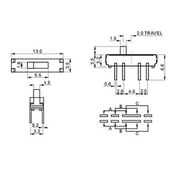 MSS-23D18 2P3T 3 Konumlu 8 Pin Sürgülü Slide Switch - 3