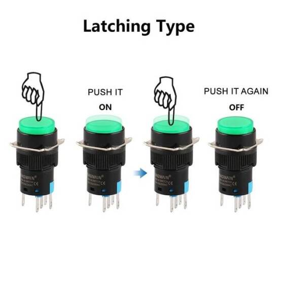 Sarı LA128A 220V 5 Pin 16mm Kendinden Kilitli Yuvarlak Push Buton - 3