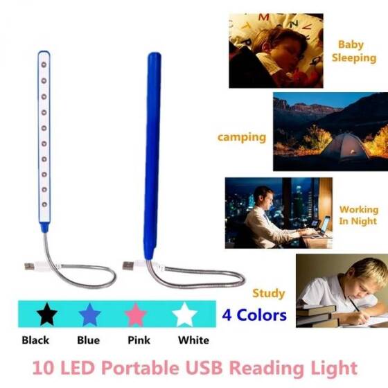 10 Led'li Okuma Lambası Led USB Ultra Parlak Kitap Açık Pembe - 2
