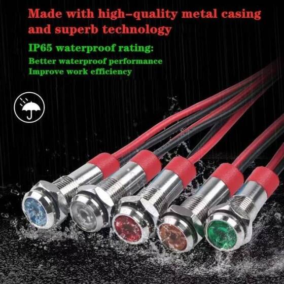 10mm 10-24V Mavi LED Metal Sinyal Lambası 15cm Kablolu - Metal İndicator Light - 5