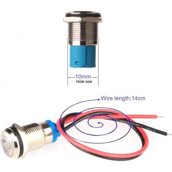 10mm 220V Beyaz LED Metal Sinyal Lambası 15cm Kablolu - Metal İndicator Light - 3