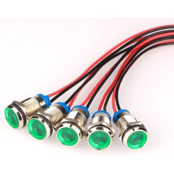 10mm 220V Yeşil LED Metal Sinyal Lambası 15cm Kablolu - Metal İndicator Light - 1