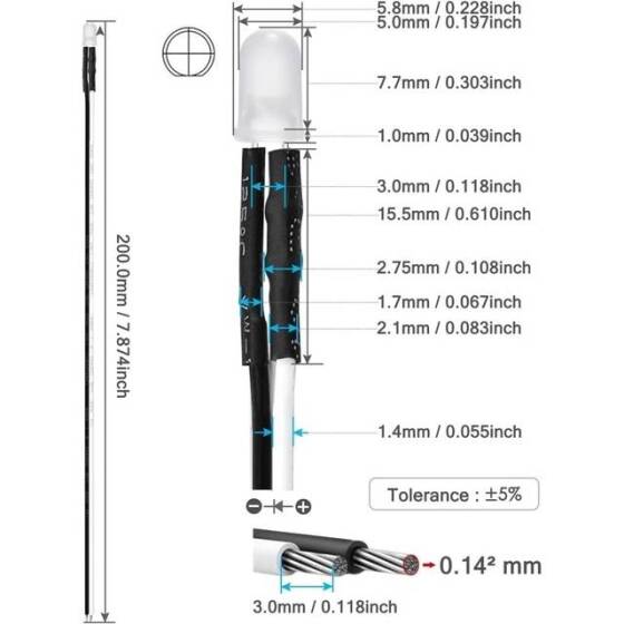 110V 5mm Beyaz LED 20cm Kablolu - 3