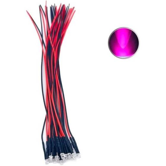 12-18V 3mm Şeffaf Pembe LED 20cm Kablolu - 1