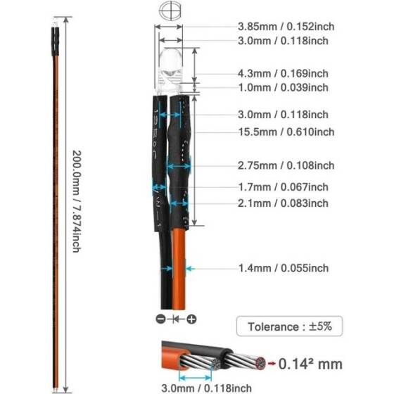 12-18V 3mm Turuncu LED 20cm Kablolu - 3