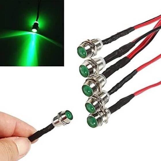 12-18V 5mm Yeşil LED Metal Led Yuvası Dahil 20cm Kablolu - 1
