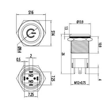 12A-P1-C 12mm Düz Yaylı Işıklı Power Metal Buton - Mavi - 2
