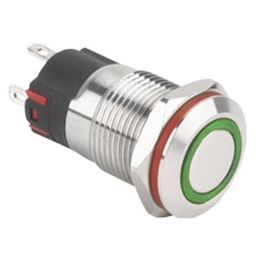 12A-P1-E 12mm Düz Yaylı Işıklı Metal Buton - Yeşil - WDELE