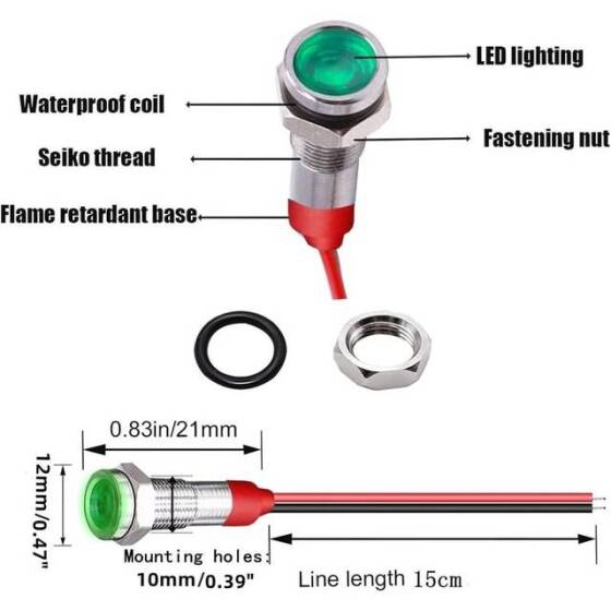 12mm 10-24V Yeşil LED Metal Sinyal Lambası - Metal İndicator Light - 5