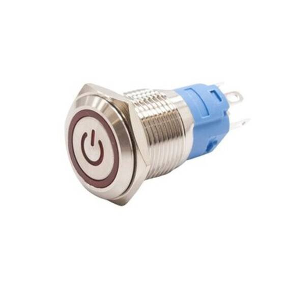 16A-P1-EC 16mm Düz Yaylı Işıklı Power Metal Buton - Kırmızı - 1