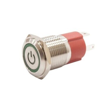 16D-P1-EC 16mm Düz Yaylı Işıklı Power Metal Buton - Yeşil - Görsu Elektronik