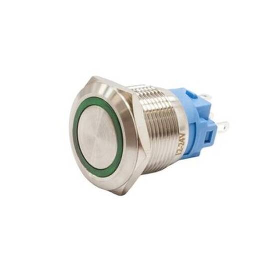 19A-P1Z-E 19mm Düz Anahtarlı Işıklı Metal Buton - Yeşil - 1