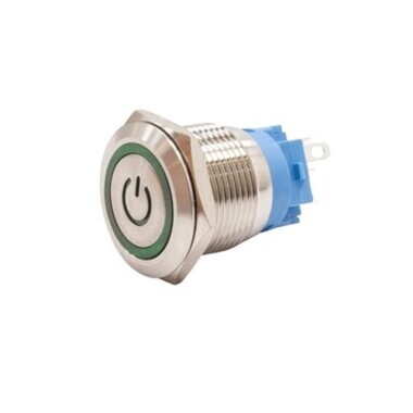 19A-P1Z-EC 19mm Düz Anahtarlı Işıklı Power Metal Buton - Yeşil - Görsu Elektronik