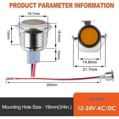 19mm 3-9V Sarı LED Metal Sinyal Lambası - Metal İndicator Light - 2