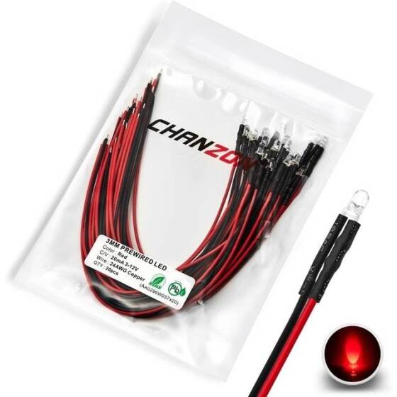 22-28V 3mm Şeffaf Kırmızı LED 20cm Kablolu - 1