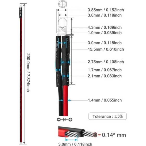 22-28V 3mm Şeffaf Kırmızı LED 20cm Kablolu - 3