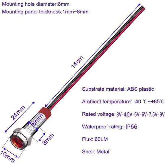 22-28V 8mm Beyaz LED 20cm Kablolu - 4