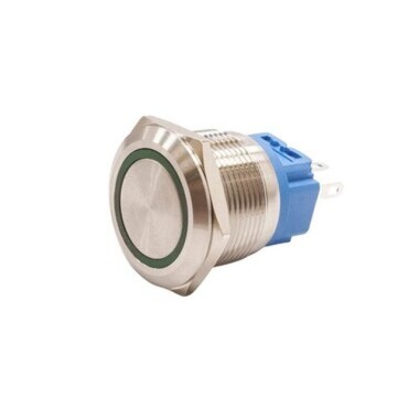 22B-P1-E 22mm Düz Yaylı Işıklı Metal Buton - Yeşil - Görsu Elektronik