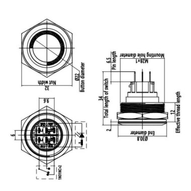 28B-P1-E 28mm Düz Yaylı Işıklı Metal Buton - Yeşil - 2
