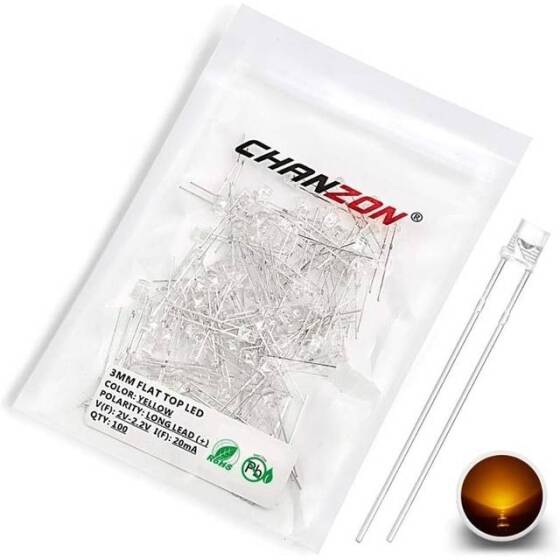 2V 20mA 3mm Şeffaf Sarı Düz Led 28mm Bacak Uzunluğu - 1