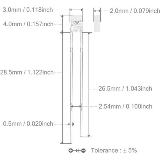 3V 20mA 234 Şeffaf Yeşil Dikdörtgen Led 18mm Bacak Uzunluğu - 3