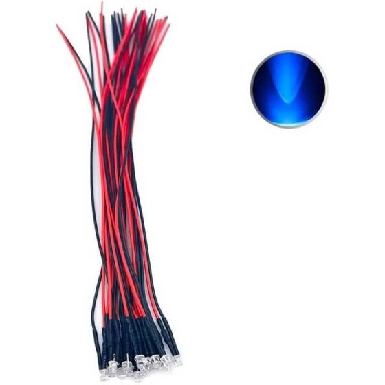 3V 3mm Şeffaf Mavi LED 20cm Kablolu - 1